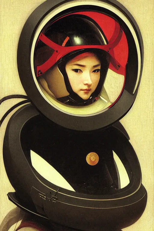 Prompt: portrait of a astronaut in samurai helmets, by bouguereau