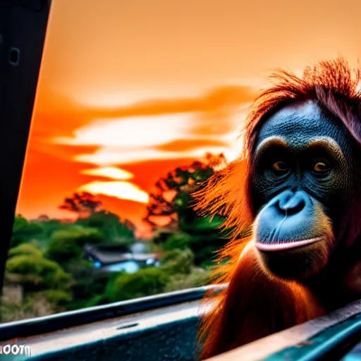 Image similar to a orangutan on top of a train in japan under a beautiful orange setting sun smoking a blunt with shades ok 4 k