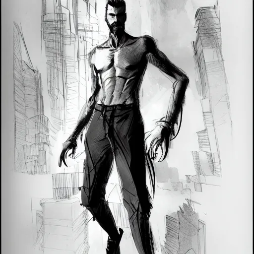 Image similar to concept art character, very high angle view, book cover, very attractive man with beard, walking in cyberpunk valley highly detailed full body, strong masculine features, sturdy body, command presence, royalty, smooth, sharp focus, organic, appealing, book cover, deep shadows, by Dave McKean sketch lineart for character design