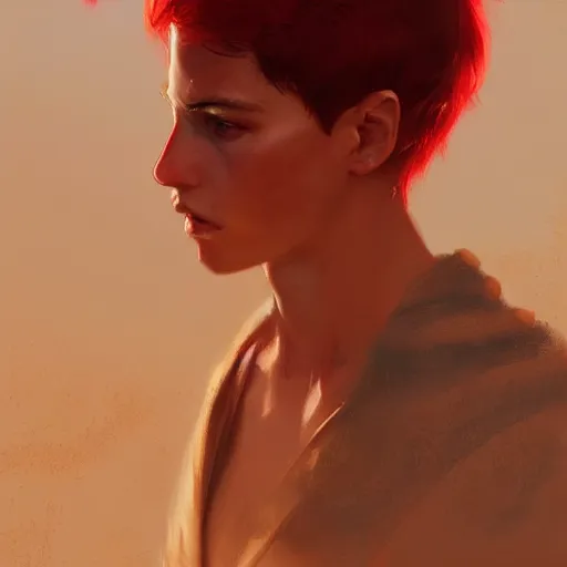 Image similar to teen boy, red hair, desert clothes, gorgeous, amazing, feminine, elegant, intricate, highly detailed, digital painting, artstation, concept art, sharp focus, illustration, art by WLOP and greg rutkowski