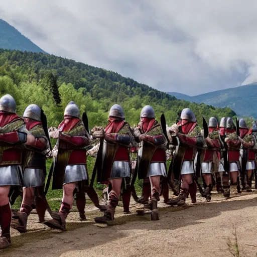 Prompt: the roman army marching up a mountain, photo taken from 1 mile away.