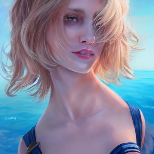 Image similar to epic portrait an beautiful woman wearing sailor outfit short sleeved and standing on a boat, beauty, pretty face, glossy skin, long blonde flowing hair, shiny skin, muscular, digital painting, artstation, concept art, soft light, hdri, smooth, sharp focus, illustration, fantasy, intricate, elegant, highly detailed, D&D, matte painting, in the style of Greg Rutkowski and Alphonse Mucha and artemisia, 8k, highly detailed, jurgens, rutkowski, bouguereau, pastoral, rustic, georgic, detailed concept art, illustration, colorful pastel, painting, detail, ultra detailed, digital art, 4K,