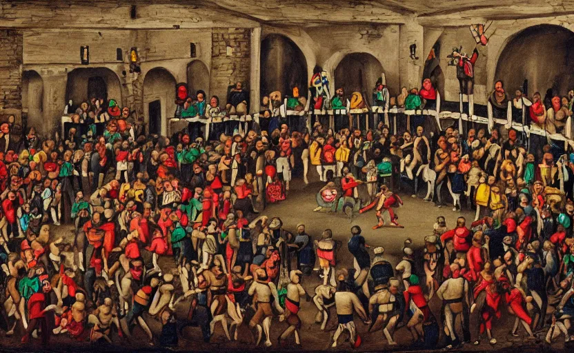 Prompt: a boxing ring inside of a medieval castle, crowd of knights and jesters gathered around