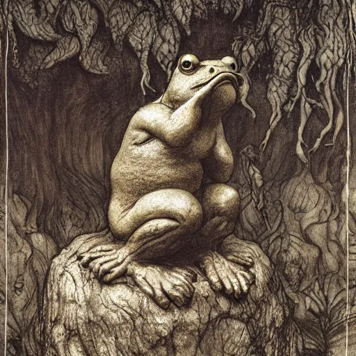 Prompt: toad philosopher toad in a pose The Thinker, swamp, by Auguste Rodin, illustrations by irish fairy tales james stephens arthur rackham, detailed toad, fairy tale illustrations, top cinematic lighting , cinematic mood, very detailed, shot in canon, 8k, high resolution