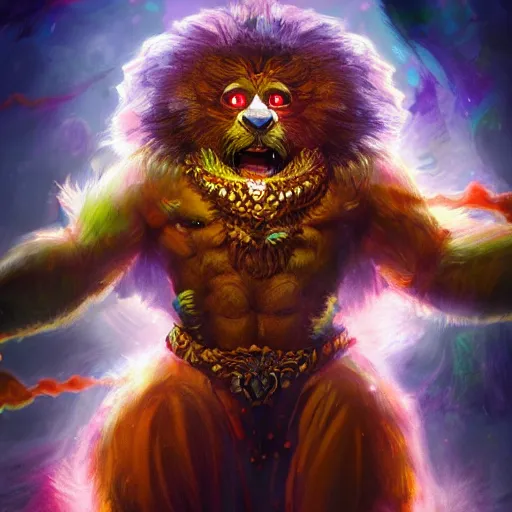 Prompt: narasimha, character concept, concept art, portrait, epic, trending on artstation, very detailed, 4 k, hd, dramtic lighting, flowing energy, colorful, glow, volumetric lighting