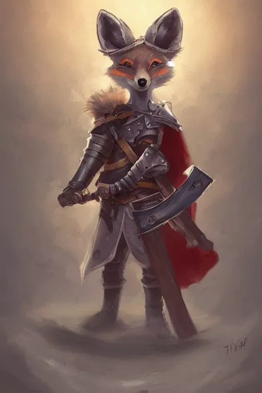 Image similar to cute little anthropomorphic foxy knight wearing a cape and a crown, tiny, small, miniature fox, baby animal, short, pale blue armor, cute and adorable, pretty, beautiful, DnD character art portrait, matte fantasy painting, DeviantArt Artstation, by Jason Felix by Steve Argyle by Tyler Jacobson by Peter Mohrbacher, cinematic lighting