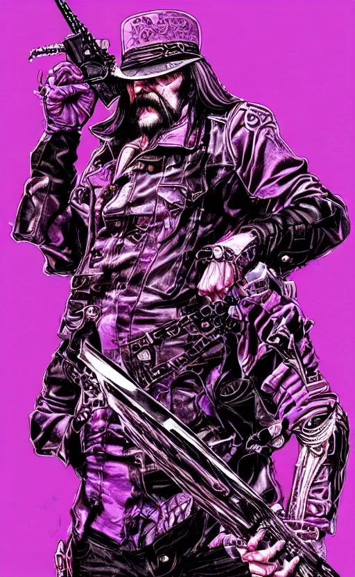 Prompt: full body portrait of lemmy killmeister with a lot of purple smoke!!!, concept art, sumi - e style, intricate linework, artstation, trending, highly detailed, smooth, focus, art by yoji shinkawa and glenn fabry,