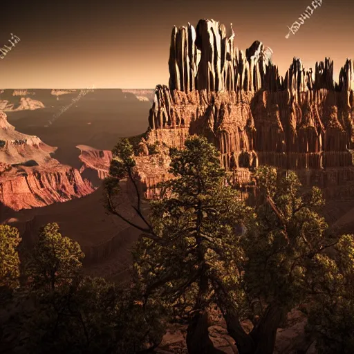 Image similar to dark gothic palace made of rock with tall spires, bristlecone pine trees, grand canyon, ultrawide cinematic 3d render, dark dramatic skies, atmospheric, vultures