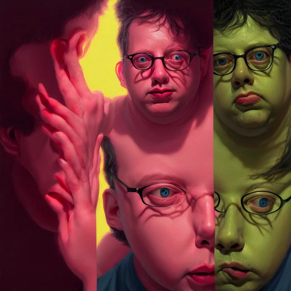 Image similar to bright realistic todd solondz turning into god and satan, diffuse lighting, fantasy, intricate, elegant, highly detailed, lifelike, photorealistic, digital painting, artstation, illustration, concept art, smooth, sharp focus, art by francis bacon