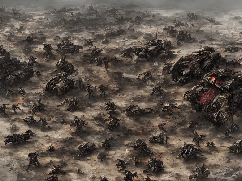 Image similar to Warhammer 40k imperial guard abandoned battlefield, featured in ArtStation, realistic colors, Wide angle, Dead bodies, Wrecked vehicles, Daytime, Geometrically realistic