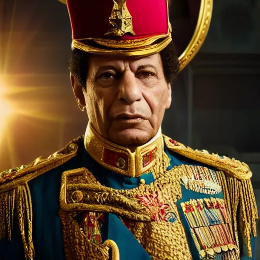 Image similar to portrait of muammar kadhafi as emperor napoleon in fallout, splash art, movie still, detailed face, cinematic lighting, dramatic, octane render, long lens, shallow depth of field, bokeh, anamorphic lens flare, 8 k, hyper detailed, 3 5 mm film grain