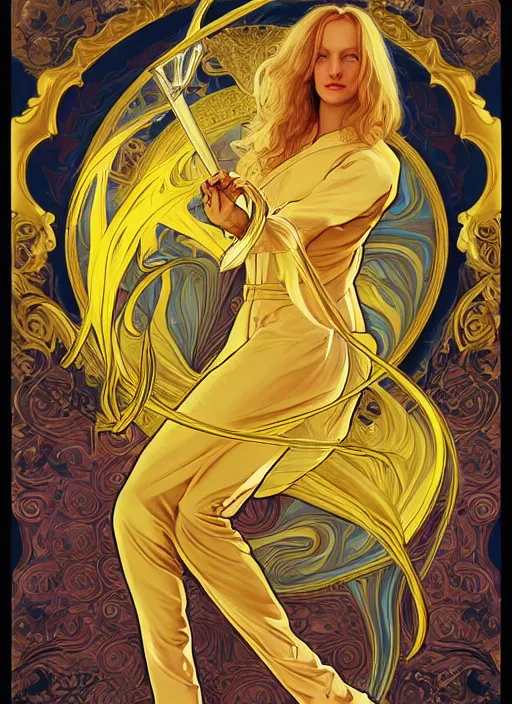 Image similar to uma thurman in kill bill, rococo and art nouveau fusion, iridescent diaphanous refractive and reflective katana, yelliw jumpsuit, highly detailed, deep focus, elegant, digital painting, smooth, sharp focus, illustration, ultra realistic, 8 k, art by artgerm and alphonse mucha