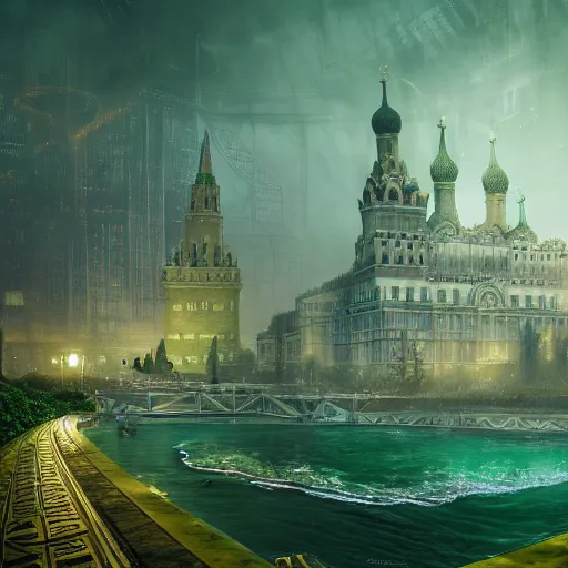 Prompt: underwater moscow, green ratio, black ratio, symmetric, elegant, ornate, luxury, elite, matte painting, MTG, magic the gathering, cinematic, cgsociety, 8k, high resolution, concept art, cgsociety, octane render, trending on artstation, artstationHD