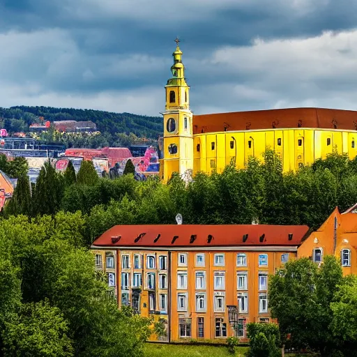 Prompt: a large yellow building with a steeple on top of it, on a hill, a flemish baroque by karl stauffer - bern, unsplash, heidelberg school, panorama, wimmelbilder, romanesque, danube school, pixabay contest winner