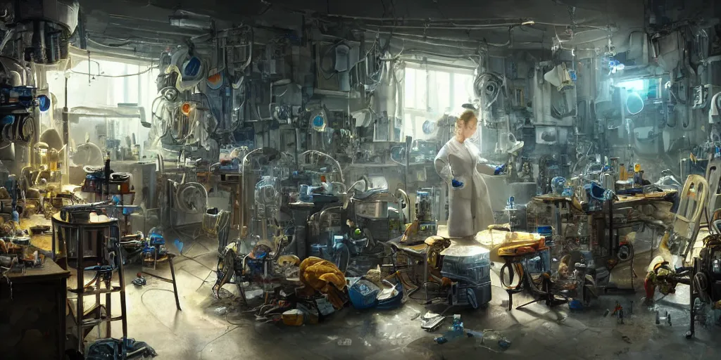 Image similar to an environmental concept art of a female scientist building a robot in a cluttered workshop, highly detailed, cinematic, dramatic lighting by francis tneh