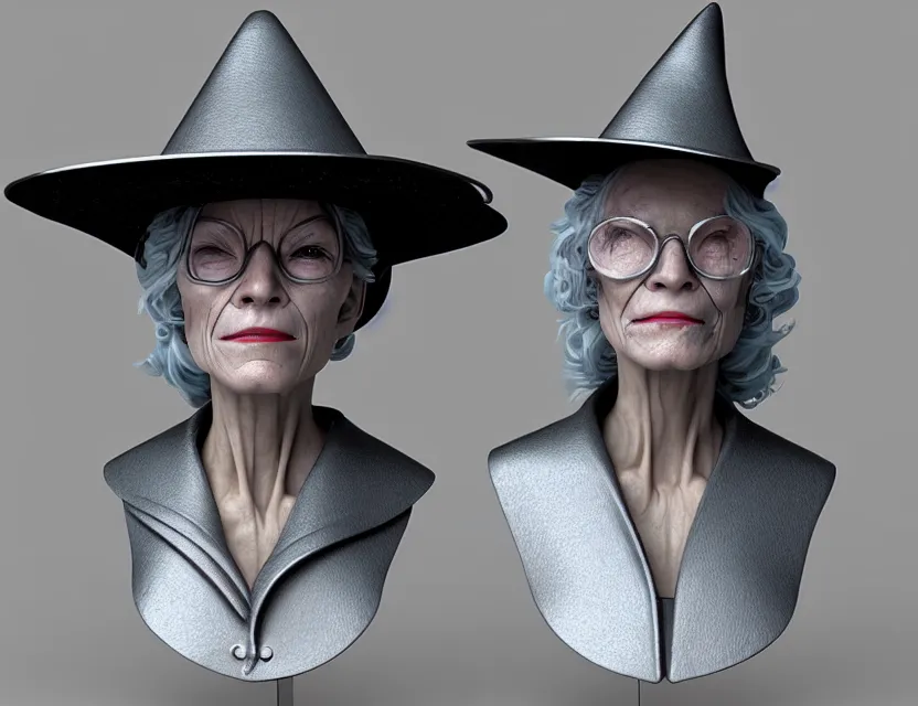 Image similar to cinematic bust portrait of robo face granny cyborg body, witch's hat on head, by jean giraud, trending artstaition, 3 d, unreal engine