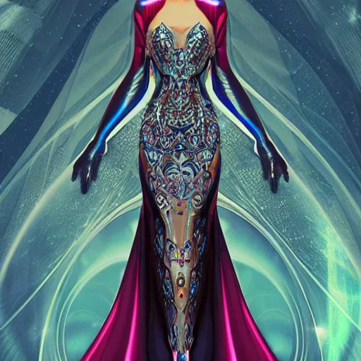 Image similar to a beautiful arabian woman wearing a futuristic dress by alexander mcqueen, artgerm, fashion show, futuristic, organic dress, seamless pattern, concept art, fantasy