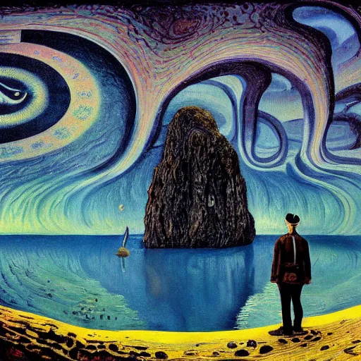 Image similar to a painting of a man standing in front of a cave, a surrealist painting by nikolai astrup, deviantart, psychedelic art, lovecraftian, cosmic horror, poster art