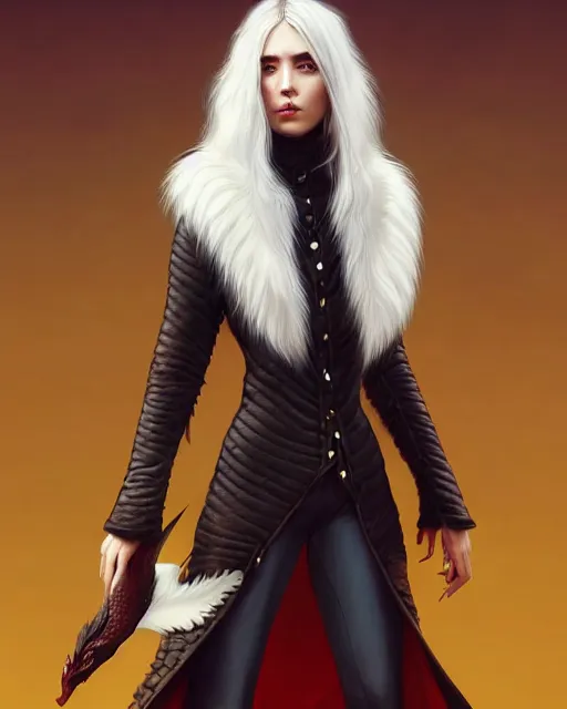 Image similar to dragon hunter wearing a fur - lined dragonhide jacket!!! beautiful and gorgeous wild white long haired female!! symmetry, character concept art, sharp focus, illustration, art by artgerm! greg rutkowski magali villeneuve wlop! ilya kuvshinov!! charlie bowater! octane render, unreal engine 5, highly rendered!