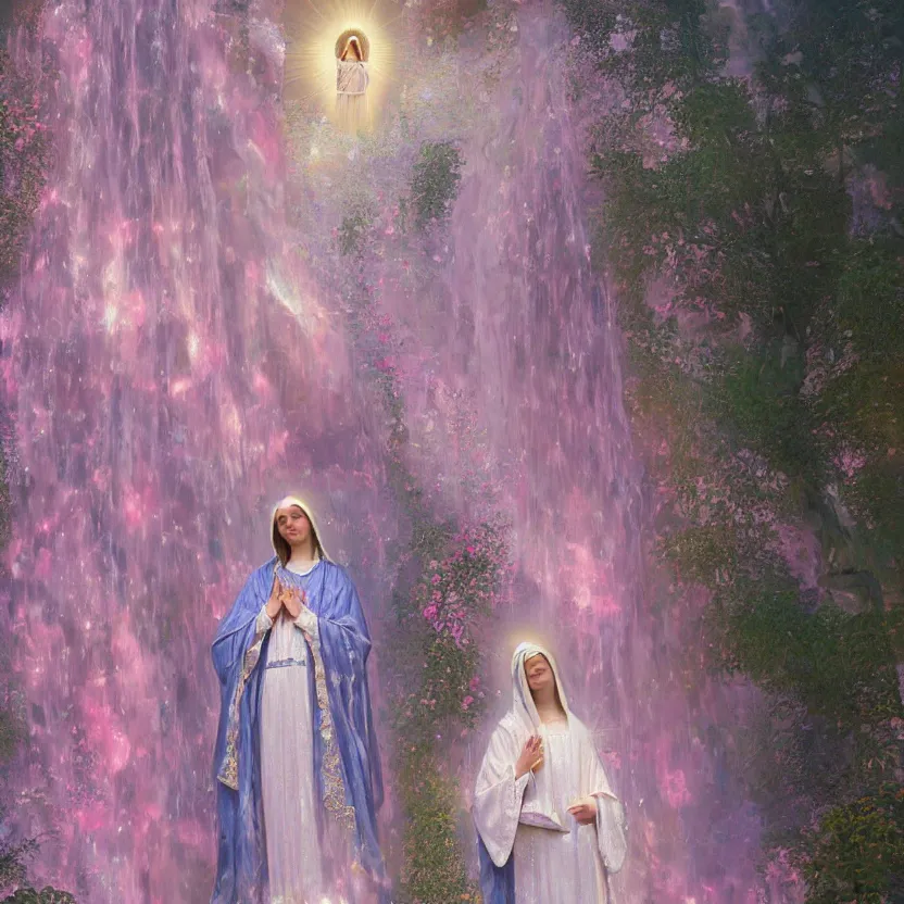 Prompt: virgin mary, our lady of lourdes, blessed mother in front of a pink waterfall with ribbons and angels in clouds. highly detailed digital art. beautiful lighting. trending on artstation. art style by klimt and nixeu and ian sprigger and wlop and krenz cushart