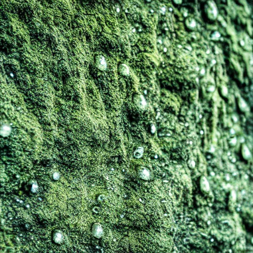 Image similar to rock wall covered with moss. dew droplets forming the shape of a dachshund. macro photography