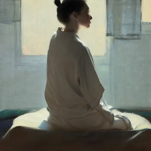 Image similar to girl with pigtails, in kimono, backview, sitting on edge of bed, by jeremy lipking, tim rees, joseph todorovitch