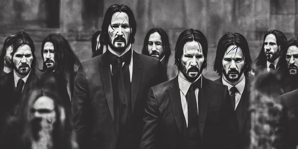 Image similar to John Wick, a black and white photo of a group, an album cover by David Gilmour Blythe, pinterest, bauhaus, tesseract, composition, national geographic photo, flemish baroque