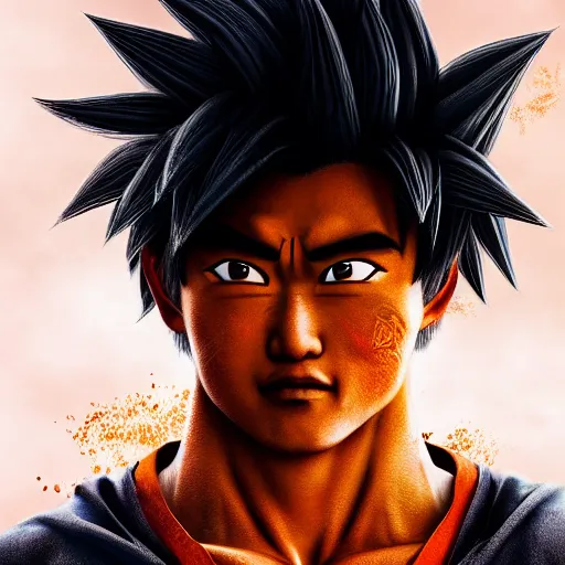 Prompt: photorealistic human goku, goku as an asian man, human face, goku in real life, spiky hair, orange gi, asian human, realistic photography, human goku, photography, cinematic, photo