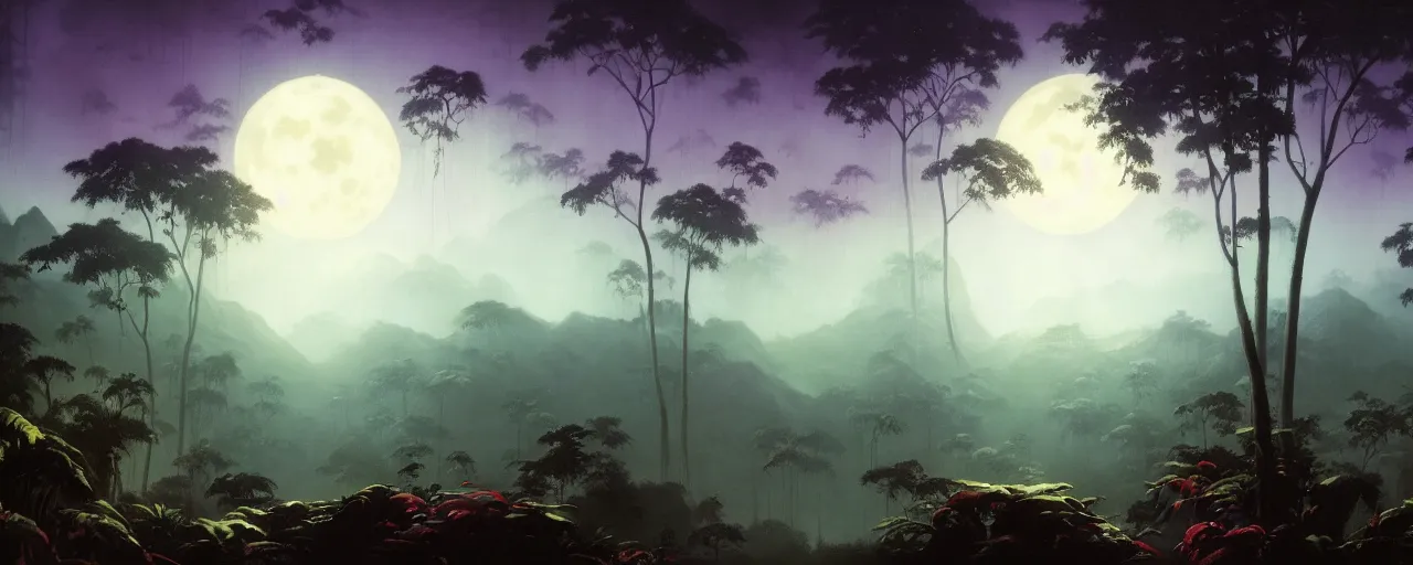 Image similar to very detailed mystic foggy cinematic jungle background , moon,backlight trees by frazetta