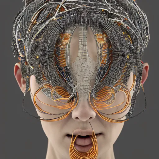 Prompt: highly detailed 3 d render of a full shot view, looking forward of a female cyborg head and face made from extreme numbers of wires and beads, silver, gold, with ornate hair made of the same sticking up, by russian artist igor goryunov, 8 k resolution, photo realistic symmetrical