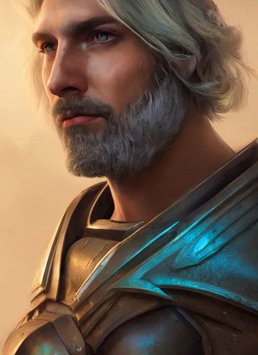 Prompt: an epic fantastic realism comic book style portrait painting of an aasimar paladin, male, silver shaggy hair, short brown beard, d & d concept art, unreal 5, daz, teal aesthetic, octane render, cosplay, rpg portrait, dynamic lighting