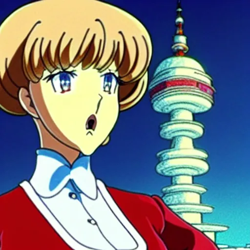 Prompt: a woman in a tight dress with a head like Alexander Lukashenko, with a mustache, Miyazaki anime style