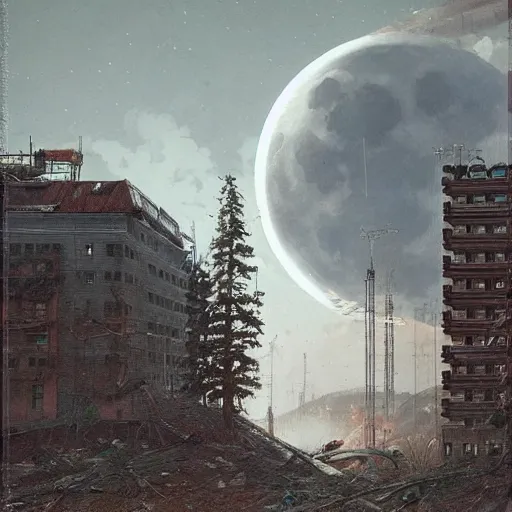 Image similar to a photo of an enormous robot crashing a building, the sky is cloudy. the moon is full. by ivan shishkin and simon stalenhag