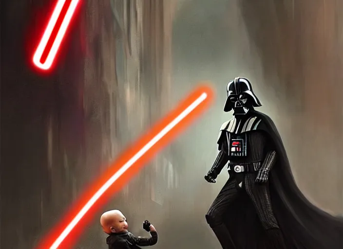 Image similar to a dramatic highly detailed render of darth vader with red lightsaber drawn about to battle a cute baby, futuristic star wars vibe, by WLOP and Artgerm and Greg Rutkowski and Alphonse Mucha, Beautiful dynamic dramatic dark moody lighting, shadows, cinematic atmosphere, Artstation, concept design art, Octane render, 8K, masterpiece, sharp focus, hyperrealistic