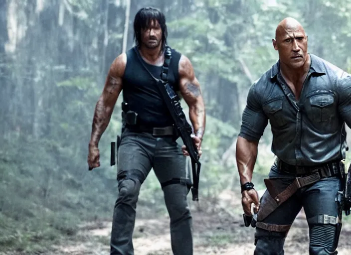 Image similar to film still of dwayne the rock johnson as daryl dixon in the new walking dead tv series, 4 k