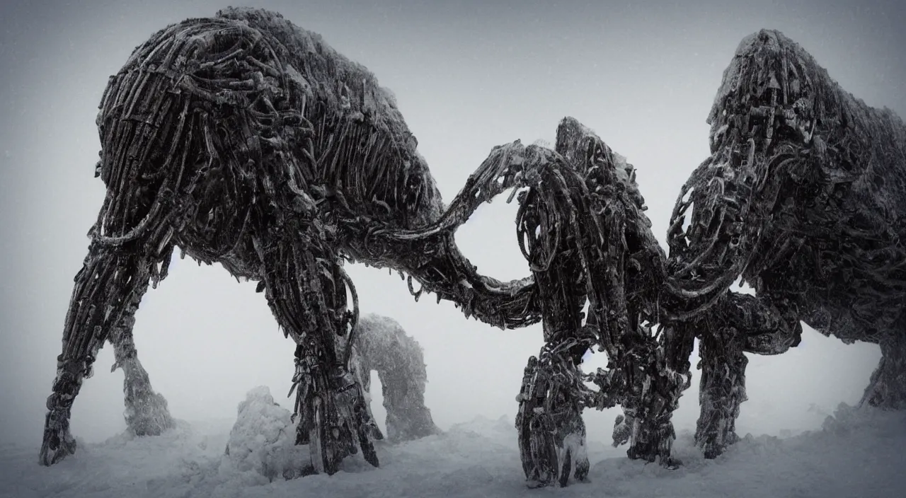 Prompt: “photo of a mechanical mammoth inspired by h.r.giger in an arctic storm, fog, snow storm, cold sunset, wind , ice, photoreal”