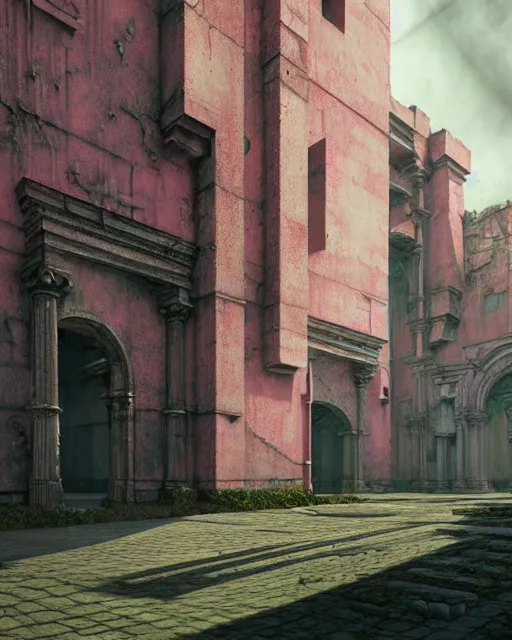 Image similar to hyperrealistic 3d render high quality baroque mecha iridescent pink brutalist city ruins background concept art vray! santiago caruso de chirico sharp very dramatic green light 8k low angle shallow depth of field