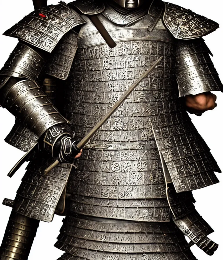 Image similar to detailed photorealistic ancient japanese samurai warrior soldier ⚔ 🪖 ⛩ with traditional japanese engravings and ornamentation on armour and weapons, and shining metallic 3 d surfaces, japanese calligraphy, wide angle, 3 d