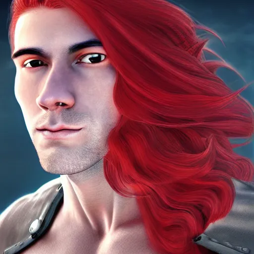 Image similar to portrait of a handsome!!!!! male ship captain with long red hair!!!!!!, 30 years old, upper body, ethereal, muscular, friendly, playful, D&D, hairworks, Unreal 4, fantasy, elegant, highly detailed, digital painting, hairworks, deviantart, artstation, concept art, sharp focus, dramatic lighting, illustration, art by Artgerm and Greg Rutkowski and Alphonse Mucha