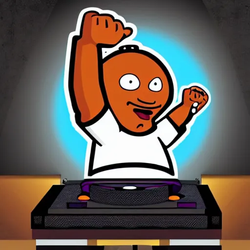 Image similar to svg sticker of a Dancing-Cleveland Brown, at a rave, spinning records, giant headphones rocking out, wearing headphones, huge speakers, dancing, rave, DJ, spinning records, digital art, amazing composition, rule-of-thirds, award-winning, trending on artstation, featured on deviantart