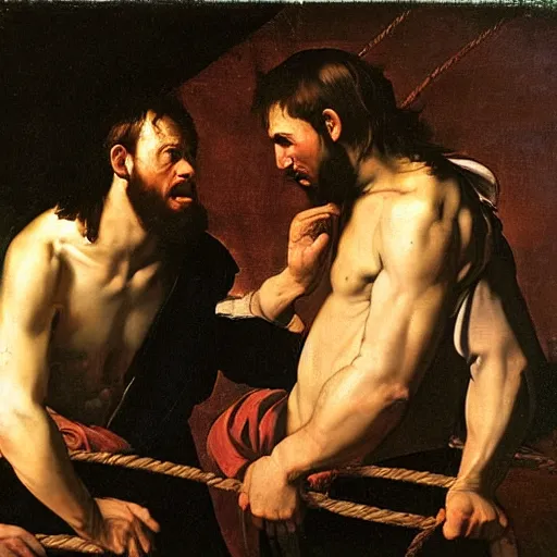 Image similar to judas and jesus discussing ropes. by caravaggio, by diego velazquez, by frans hals. oil painting, high detail, sfumato.