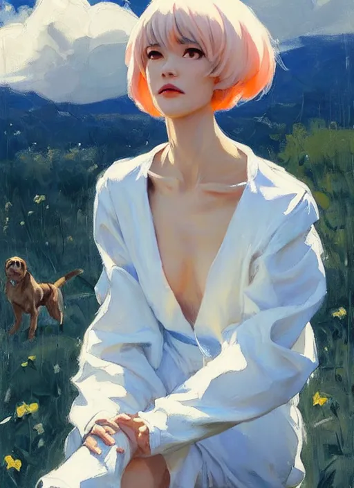 Prompt: Greg Manchess painting of Rei Ayanami in Jumpsuit out with the dogs, countryside, fantasy character portrait, dynamic pose, above view, sunny day, thunder clouds in the sky, artwork by Jeremy Lipkin and Giuseppe Dangelico Pino and Michael Garmash and Rob Rey, very coherent asymmetrical artwork, sharp edges, perfect face, simple form, wacky, 100mm