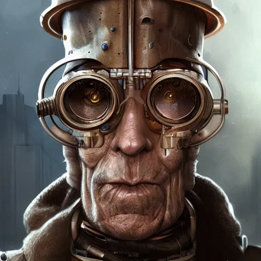 Prompt: Portraif of an old cyborg man, steampunk, artstation, detailed, realistic, digital art