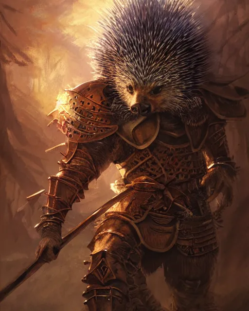 Image similar to Porcupine warrior in armor, portrait, woodlands, magic the gathering artwork, D&D, fantasy, cinematic lighting, centered, symmetrical, highly detailed, digital painting, artstation, concept art, smooth, sharp focus, illustration, volumetric lighting, epic Composition, 8k, art by Akihiko Yoshida and Greg Rutkowski and Craig Mullins, oil painting, cgsociety