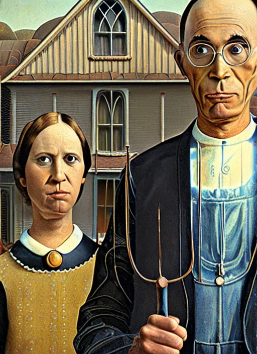 Prompt: a painting by grant wood of an astronaut couple, american gothic style