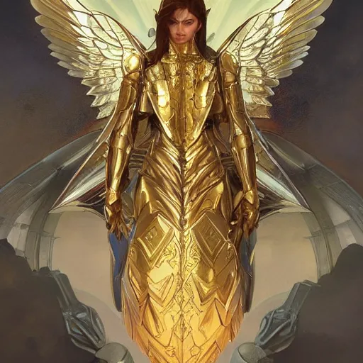 Prompt: Archangel with golden wings, heavy armor, , intricate, headshot, highly detailed, digital painting, artstation, concept art, sharp focus, cinematic lighting, illustration, art by artgerm and greg rutkowski, alphonse mucha, cgsociety