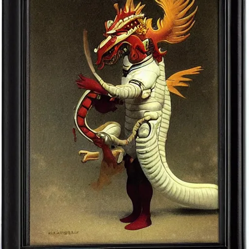 Image similar to a astronaut his haed is chinese dragon head, in armor and helmet, by bouguereau