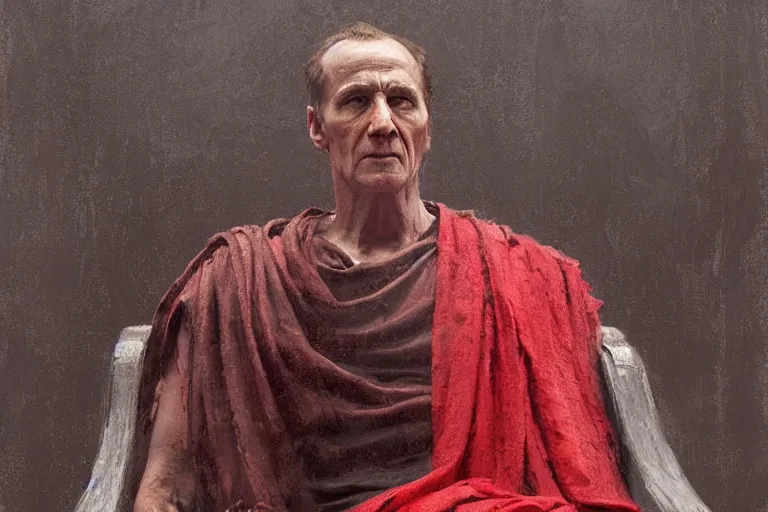 Image similar to the end is near. a tired julius caesar is sitting on his throne. face is highly detailed. splices of red are running down his toga. mist. color scheme red. low angle medium shot. imagined by jeremy lipking