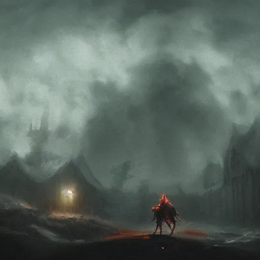 Prompt: A knight travelling through a desolate village as a sickly yellow light bleeds through the clouds,