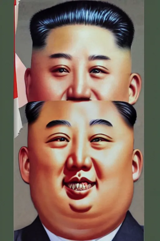 Image similar to kim jong - un is put on a stalin mask, photo in color